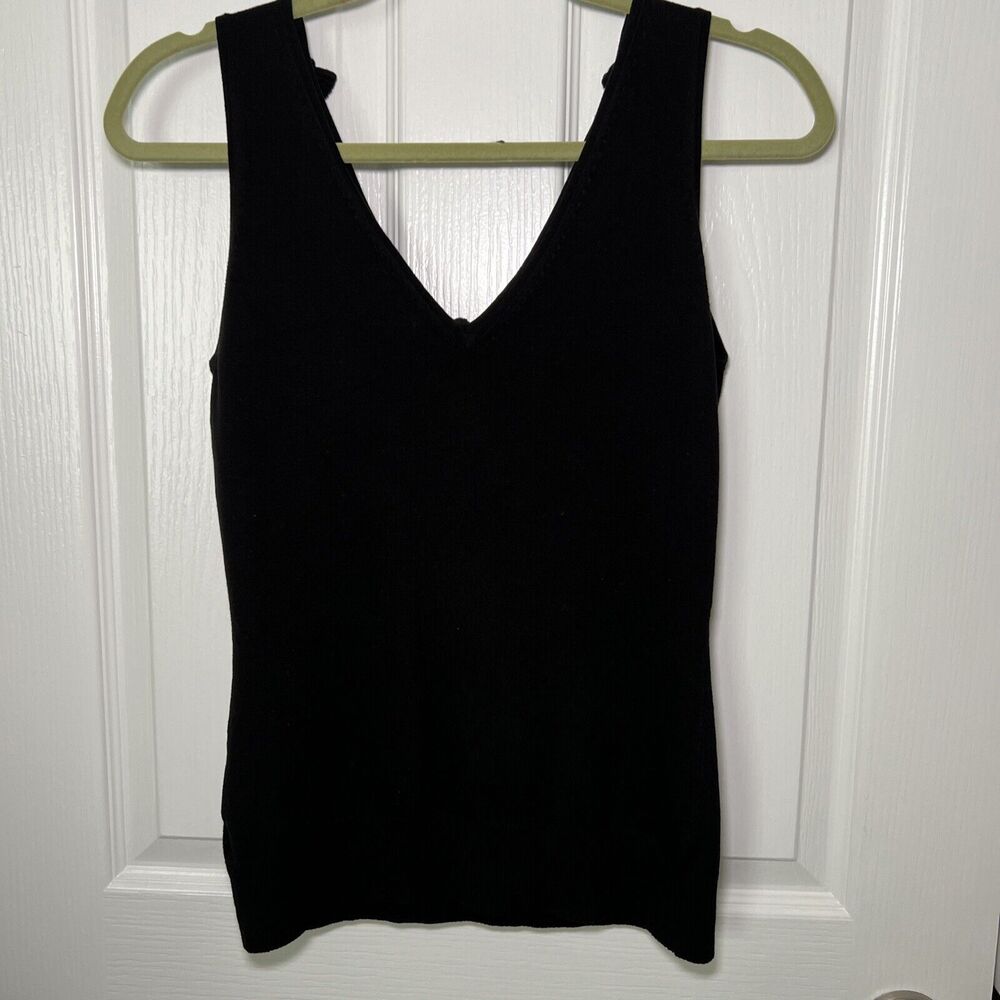 WHBM Silk Blend Sleeveless Double V Sweater Small Black Rosette Feminine - Picture 3 of 8
